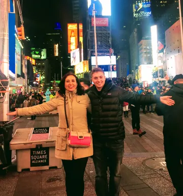 In Times Square with a friend at night